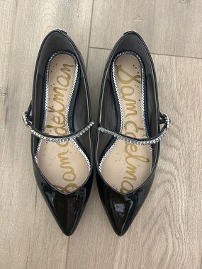 Sam Edelman Black Patent Pointed Mary Jane Flats with Crystal Strap size 6.5